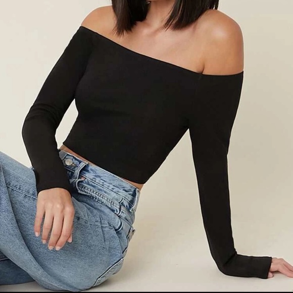 90s off the shoulder long sleeve crop top black - Picture 1 of 13